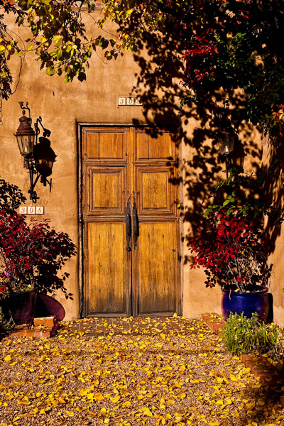 A distinctive double door in Santa Fe New Mexico